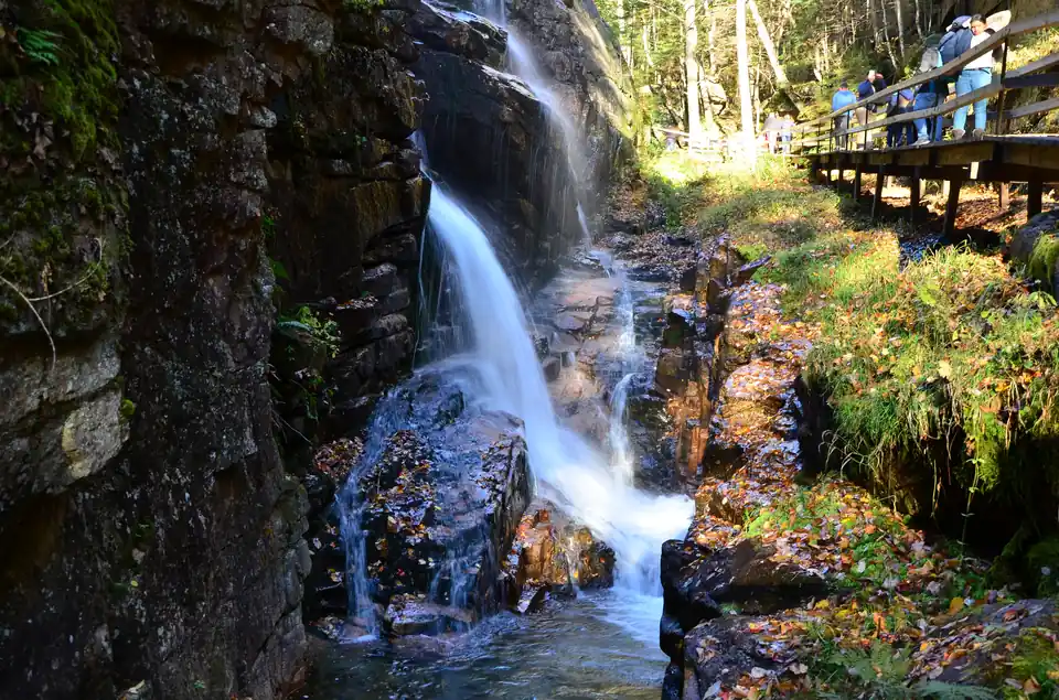 Avalanche Falls and the boardwalk trail inside Flume Gorge, New Hampshire