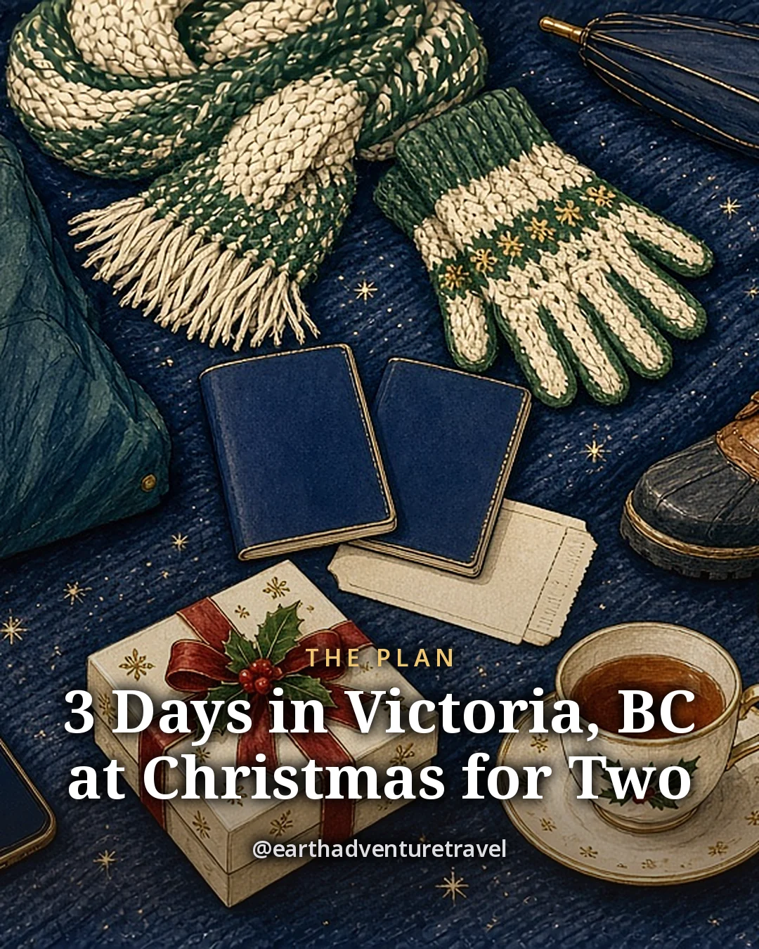 Illustration: a rain jacket, a wool scarf and gloves, a compact umbrella, two passports, a ferry boarding pass, a ribboned box of chocolates, a teacup and a sprig of holly on navy wool, original illustrated plan card for 3 days in Victoria, BC at Christmas for two