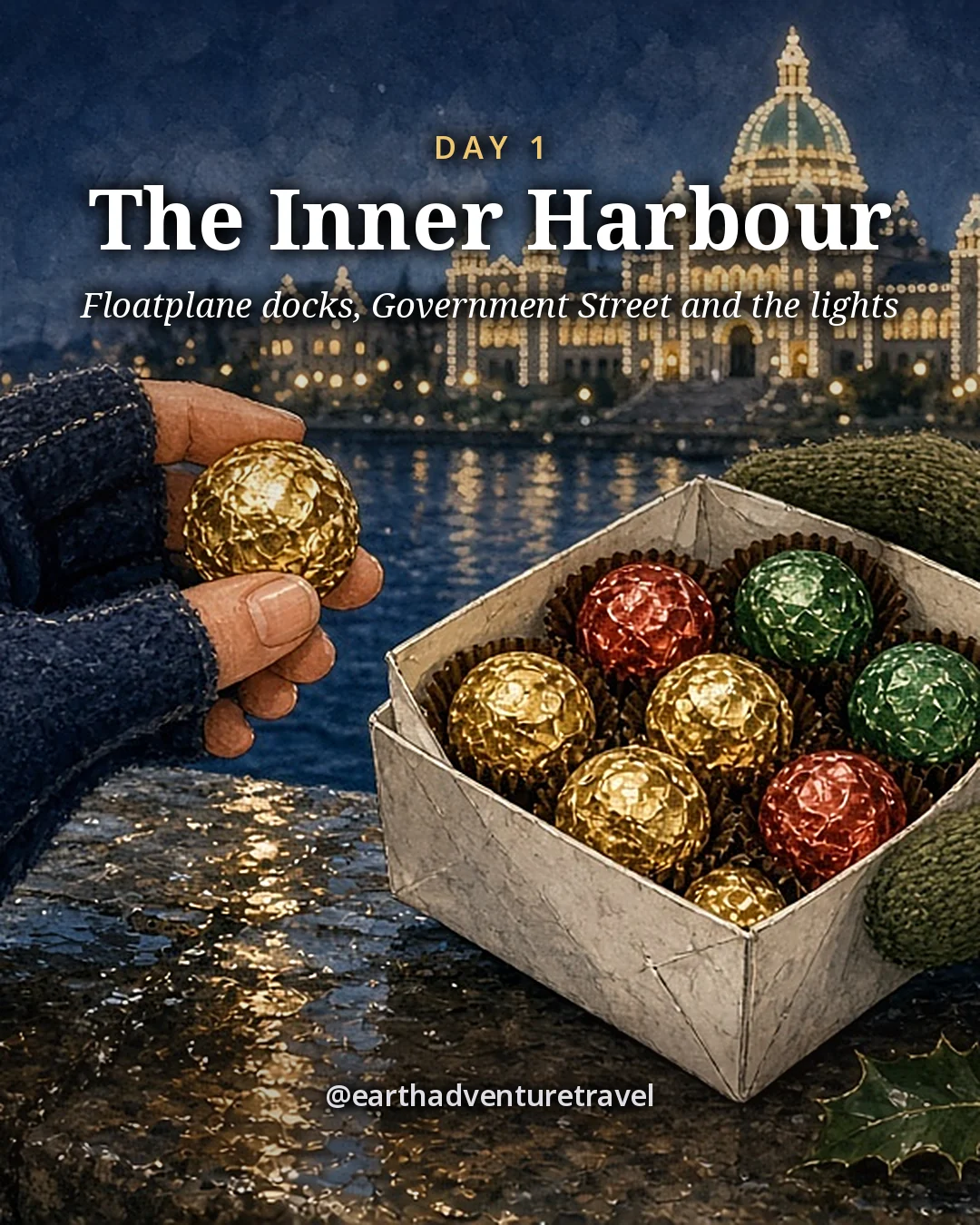 Illustration: two pairs of gloved hands sharing chocolate creams from a small box at dusk, with the domed Parliament Buildings outlined in lights blurred behind, illustrated day card for Day 1