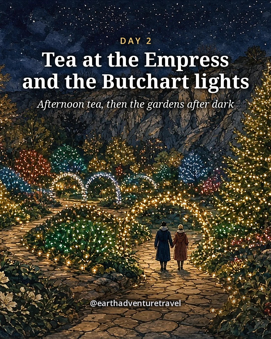 Illustration: a path through the sunken garden at The Butchart Gardens at night under arches and trees wrapped in coloured Christmas lights, with two tiny visitors, illustrated day card for Day 2