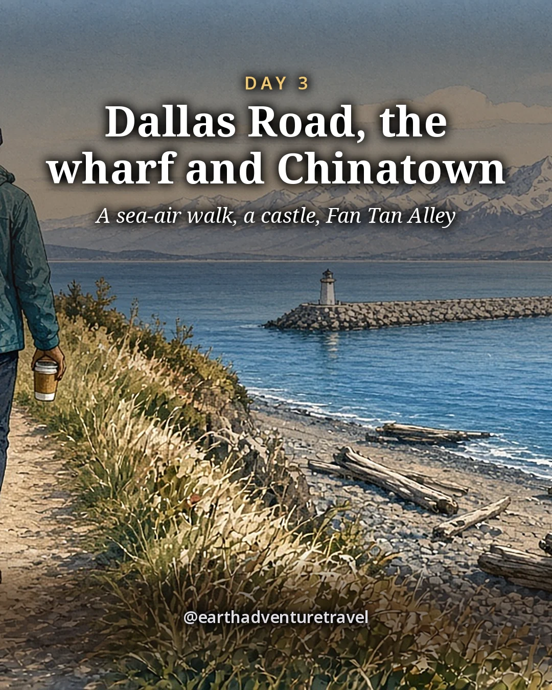 Illustration: one person in a rain jacket holding a coffee on the grassy Dallas Road bluff, with the Ogden Point breakwater and lighthouse and the Olympic Mountains across the strait, illustrated day card for Day 3