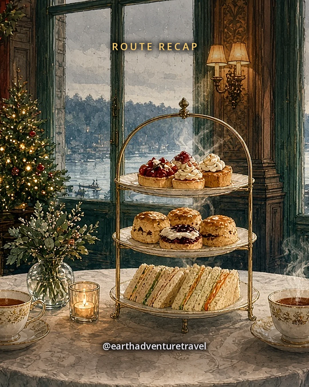 Illustration: afternoon tea for two in a grand hotel lounge, with a three-tier stand, steaming china cups and a small lit Christmas tree by tall harbour windows, original illustrated recap card
