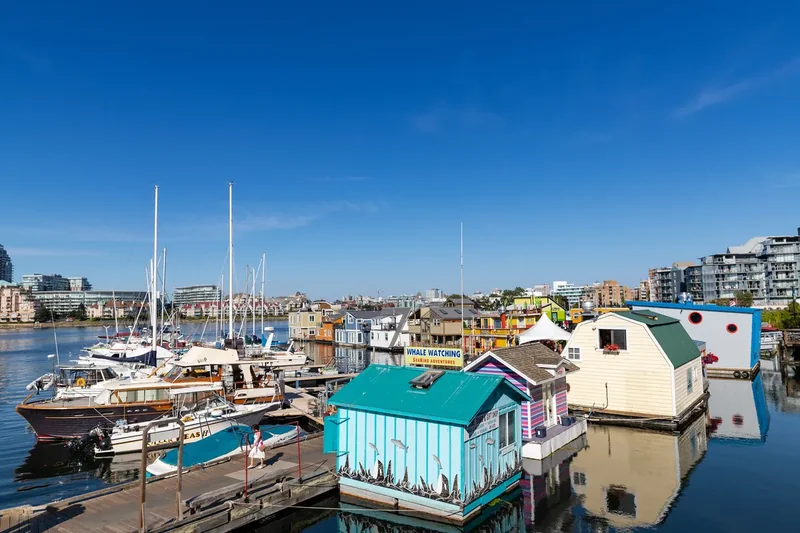 An aerial view of Fisherman’s Wharf in Victoria with floating homes and boats