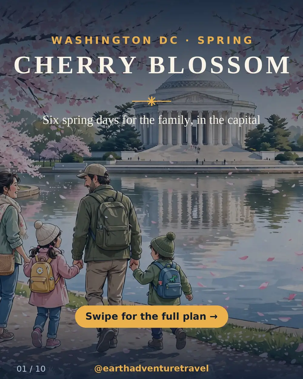 Illustrated DC cherry blossom guide cover: family at Tidal Basin with Jefferson Memorial