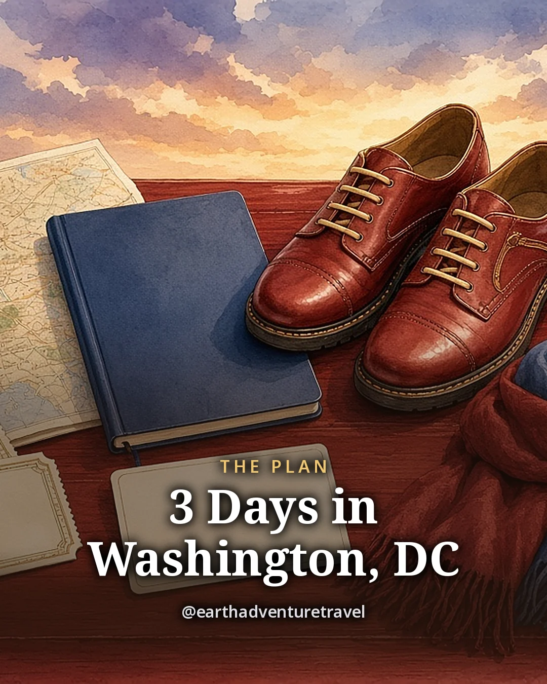 Illustration: a pair of theatre tickets with blank faces, a slim hardback notebook, leather walking shoes, a folded umbrella, a wool scarf and a blank fare card on a wooden table, original illustrated plan card for 3 days in Washington, DC