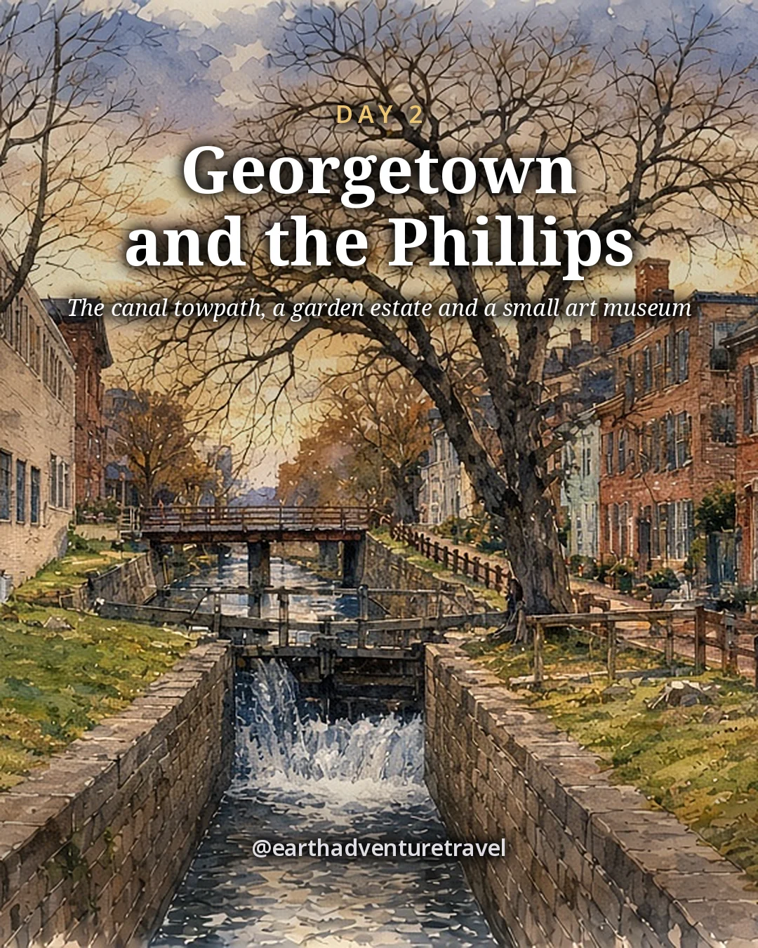 Illustration: a quiet canal in Georgetown with a stone lock, brick and federal rowhouses along the towpath and a small footbridge in soft winter light, illustrated day card for Day 2
