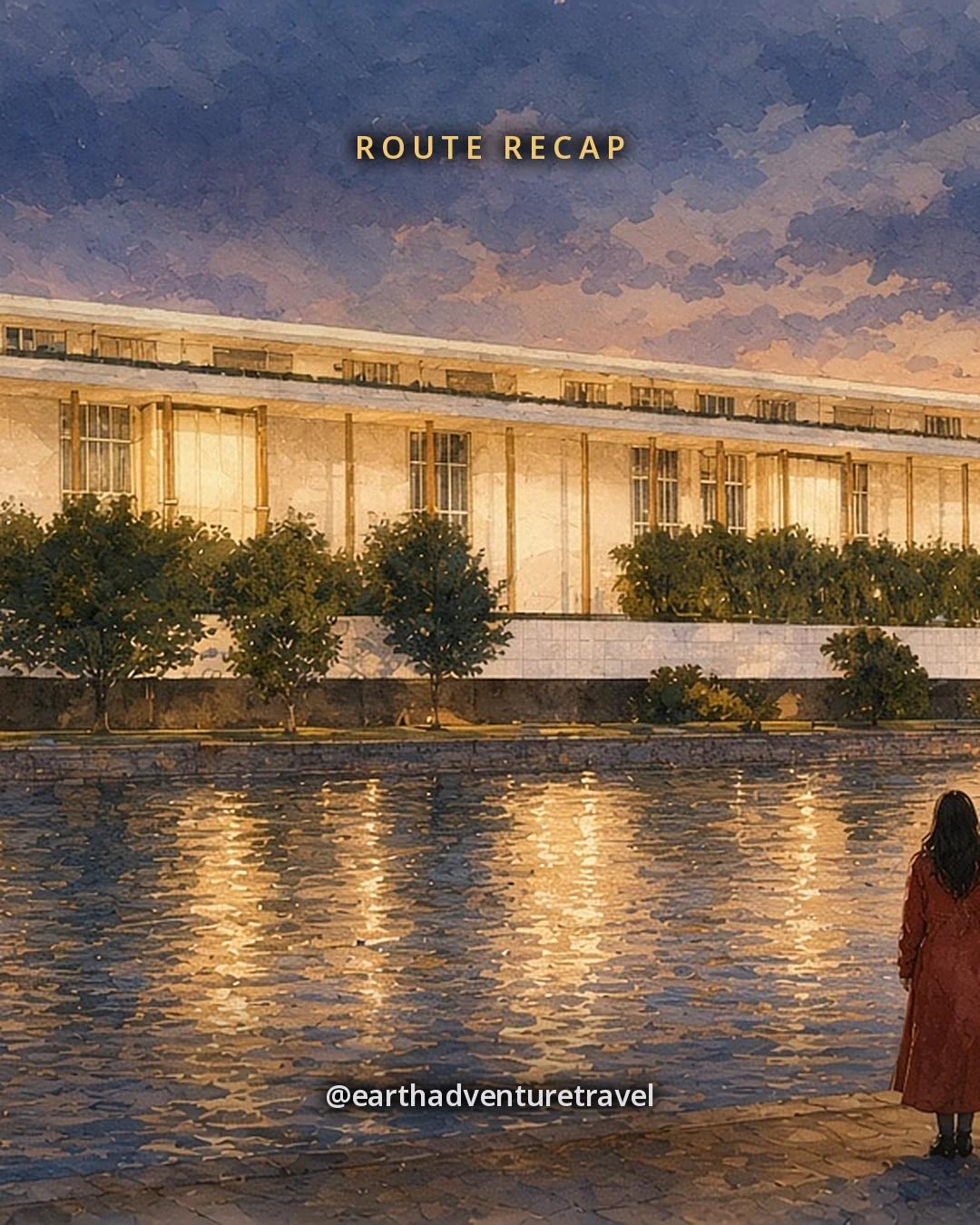 Illustration: a long white marble concert hall with a terrace above a wide calm river at dusk, its lights reflected in the water, original illustrated recap card