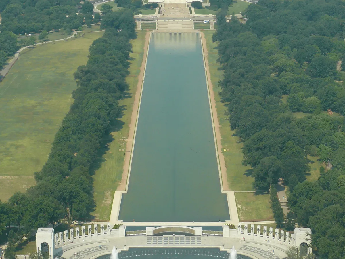 The Reflecting Pool and the Lincoln Memorial seen from above, with lawns and trees on both sides