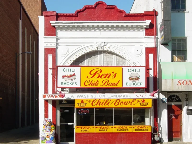The red and white front of Ben’s Chili Bowl on U Street with its bright sign