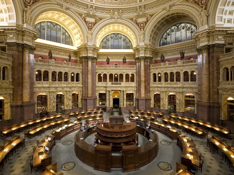 The domed Main Reading Room of the Library of Congress with circular rows of desks