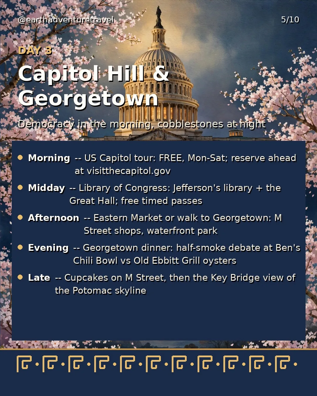 Day 3 graphic: US Capitol, Library of Congress and Georgetown