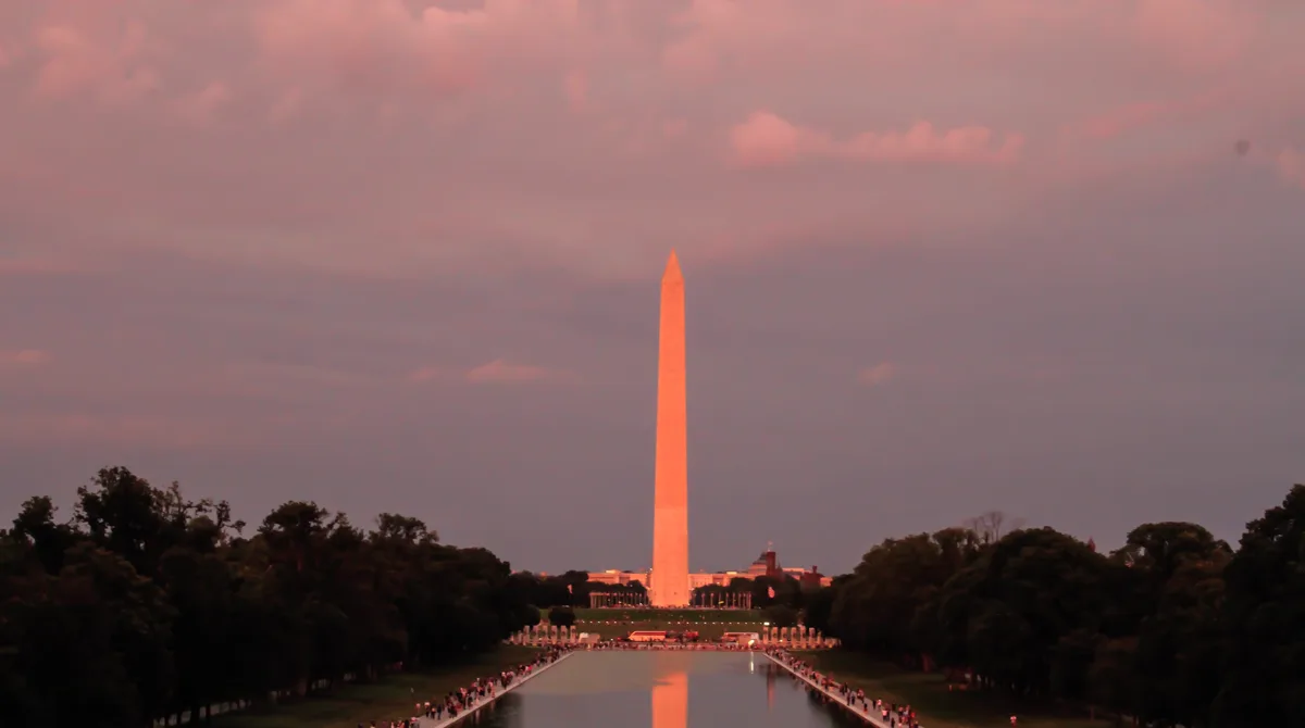 The National Mall with the Washington Monument at dusk