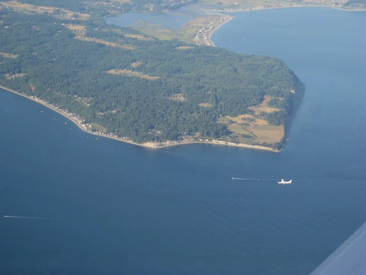 Aerial view of Whidbey Island and the water around it