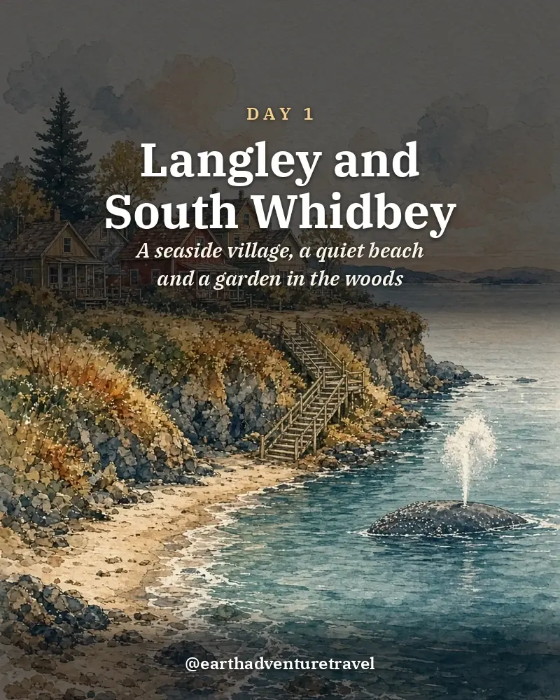 Illustrated day card: A seaside village, a quiet beach and a garden in the woods