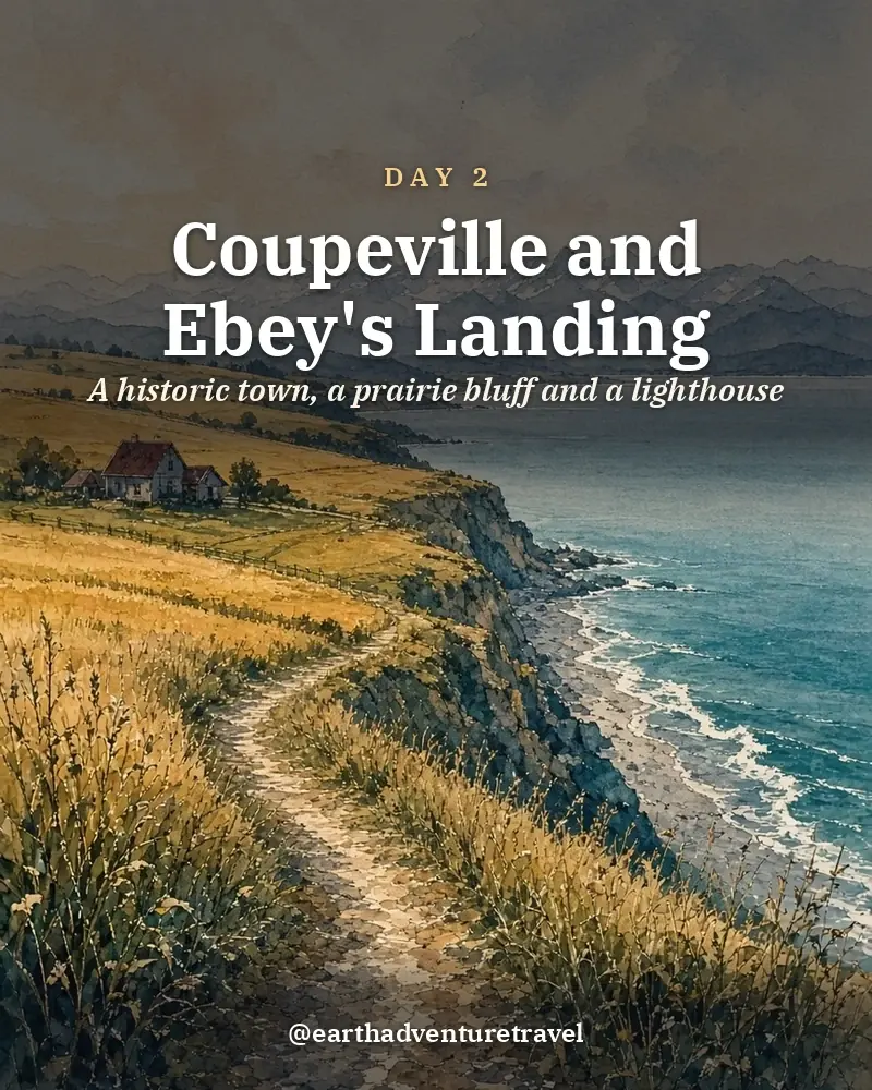 Illustrated day card: A historic town, a prairie bluff and a lighthouse