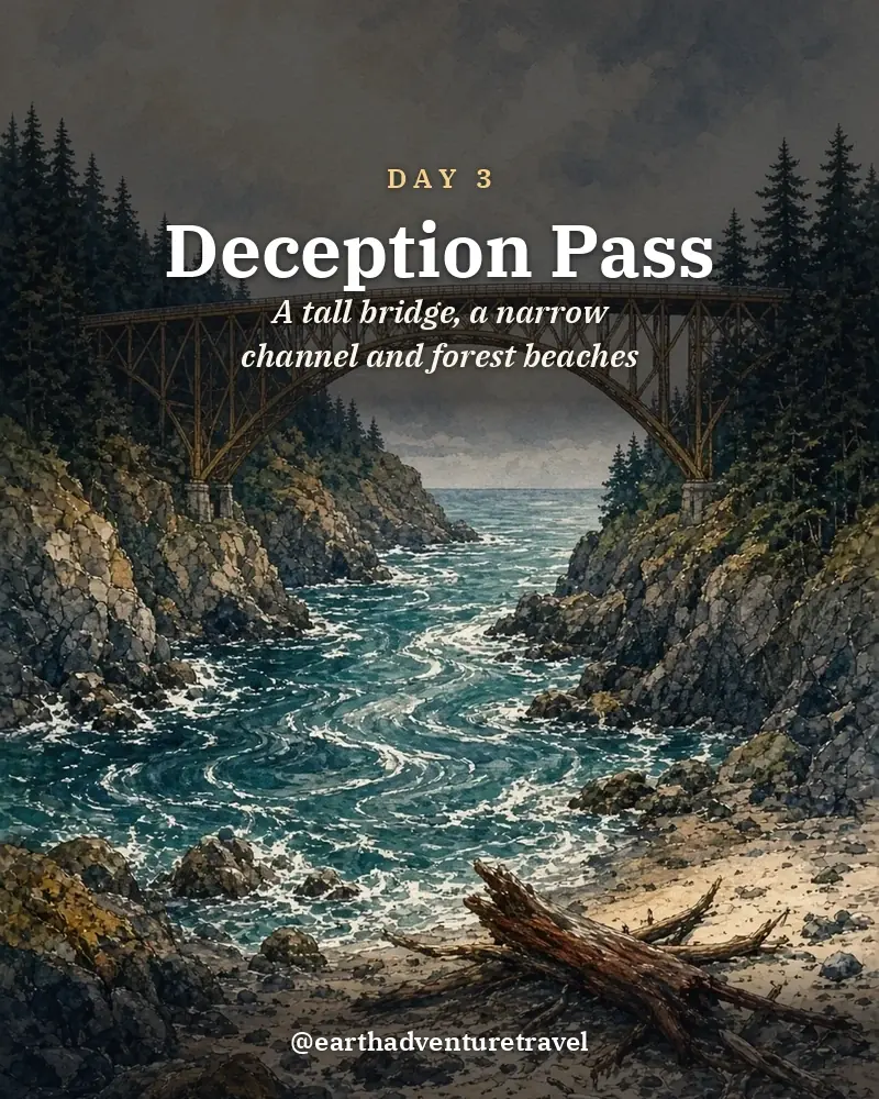 Illustrated day card: A tall bridge, a narrow channel and forest beaches
