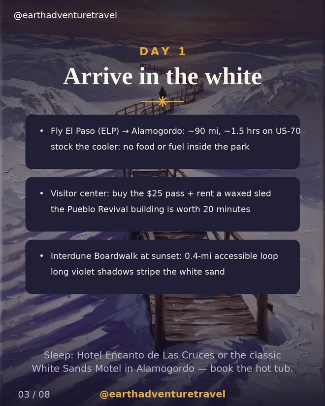 Day 1 graphic: arriving at White Sands for a boardwalk sunset