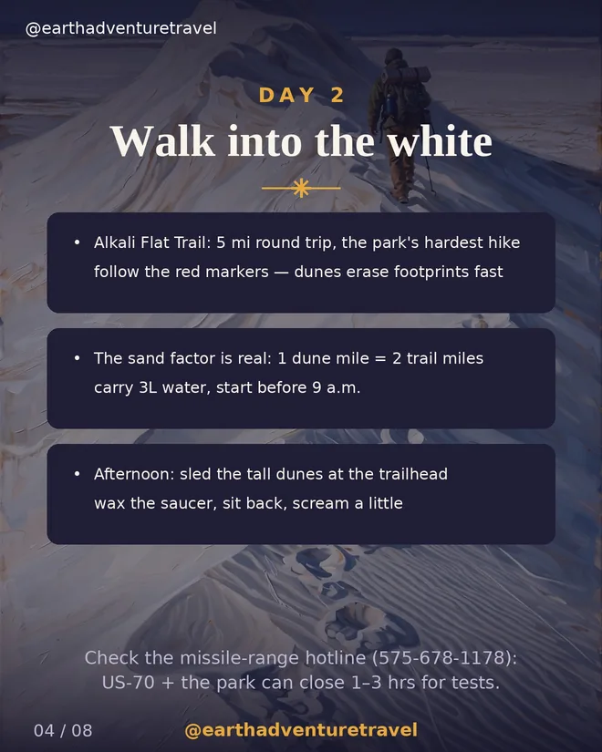 Day 2 graphic: hiking into the white on the Alkali Flat Trail