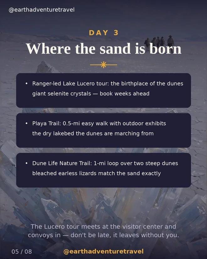 Day 3 graphic: the Lake Lucero tour and the birthplace of the dunes