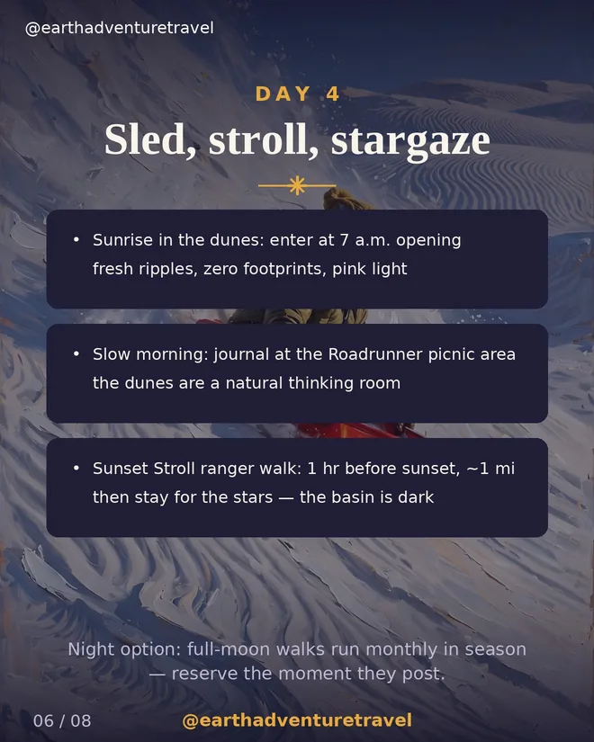 Day 4 graphic: sunrise dunes, sledding, and stargazing