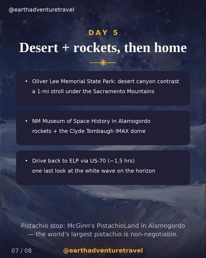 Day 5 graphic: desert, rockets, and the drive home