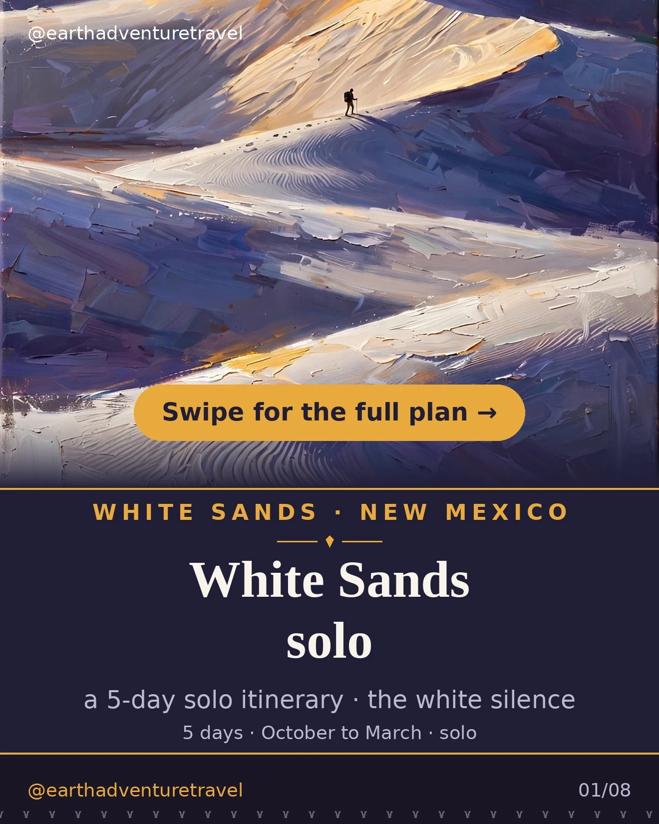 Painterly cover art: a lone hiker on a White Sands dune ridge at golden hour, violet shadows, distant purple mountains