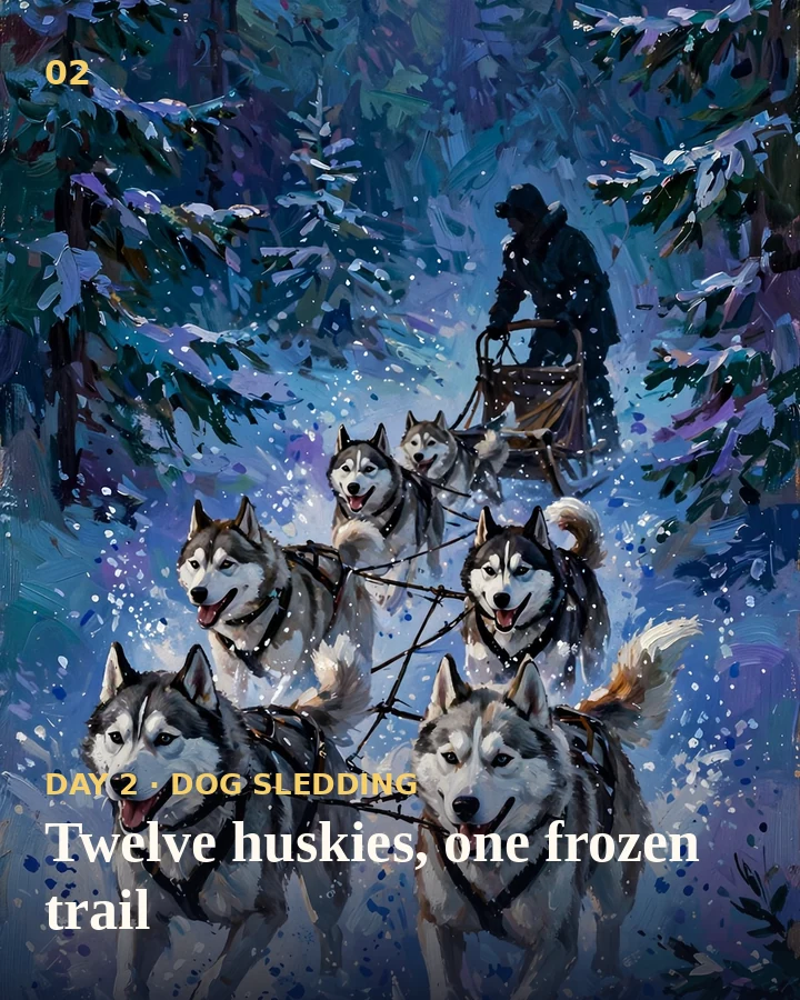 Illustration: a husky sled dog team running through a snowy Yukon forest at dusk
