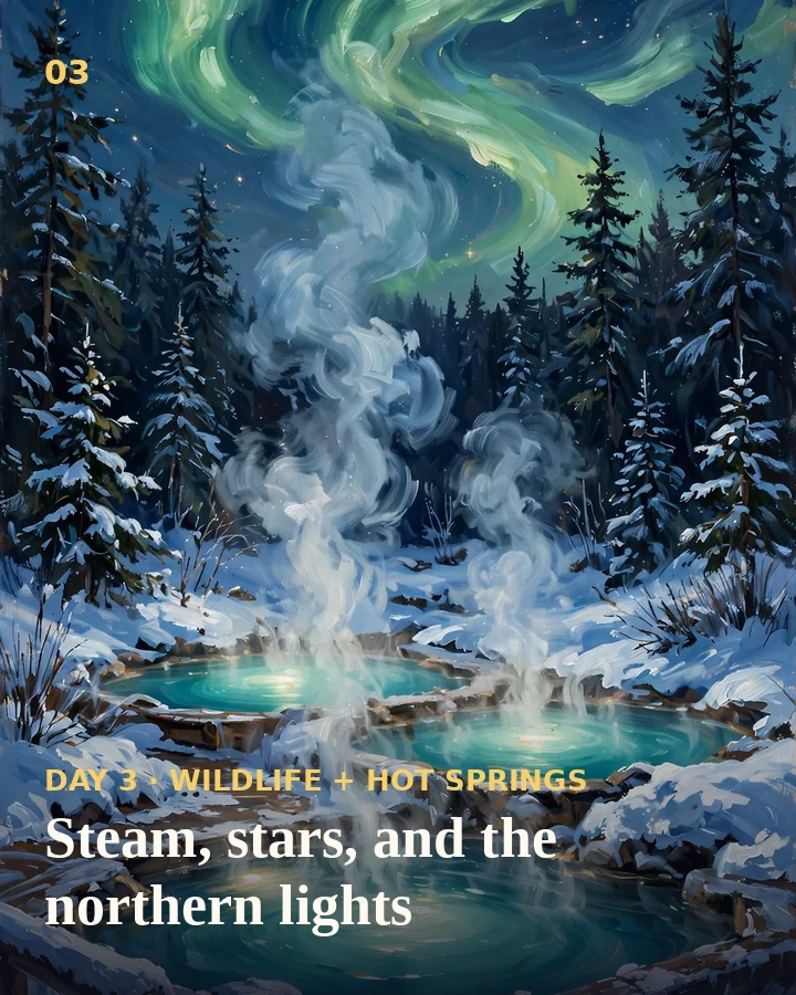 Illustration: steaming Takhini Hot Springs pools under the aurora