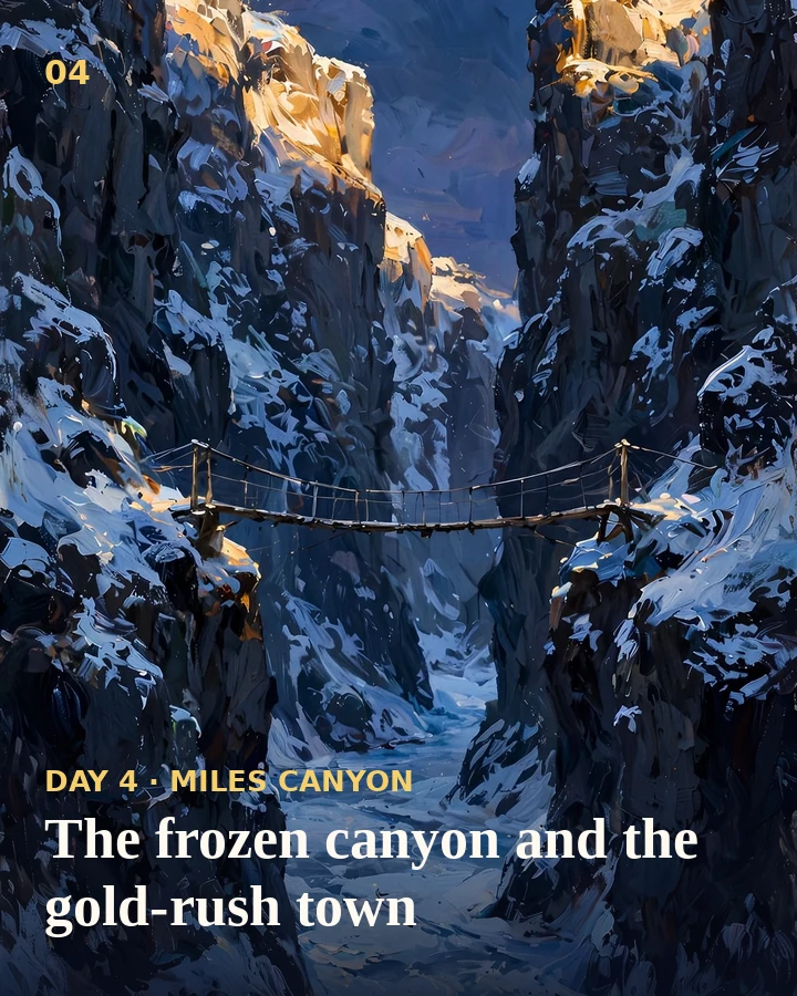 Illustration: the frozen Miles Canyon with its suspension bridge at winter dusk