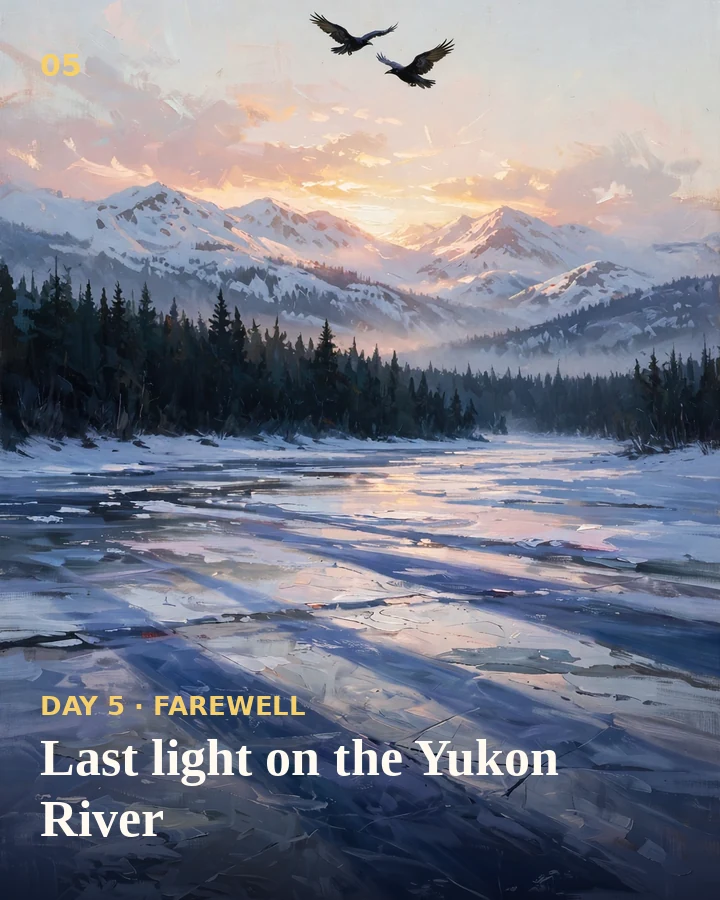 Illustration: the frozen Yukon River at dawn with ravens in a pale sky