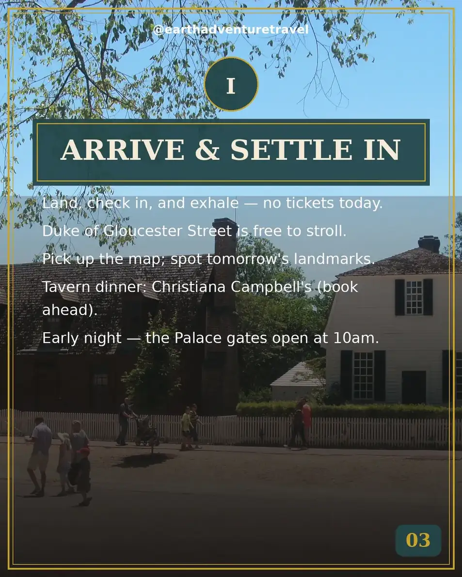 Day 1 itinerary card: arrive in Williamsburg, stroll Duke of Gloucester Street