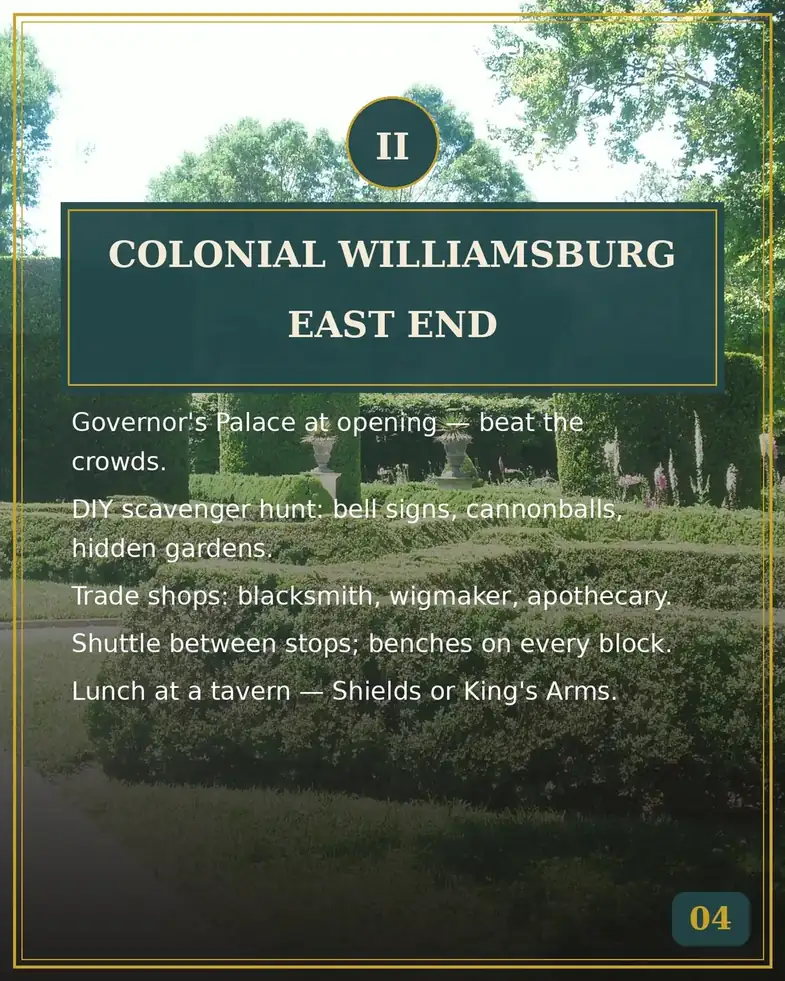 Day 2 itinerary card: Governor's Palace, trades, and a scavenger hunt in Colonial Williamsburg