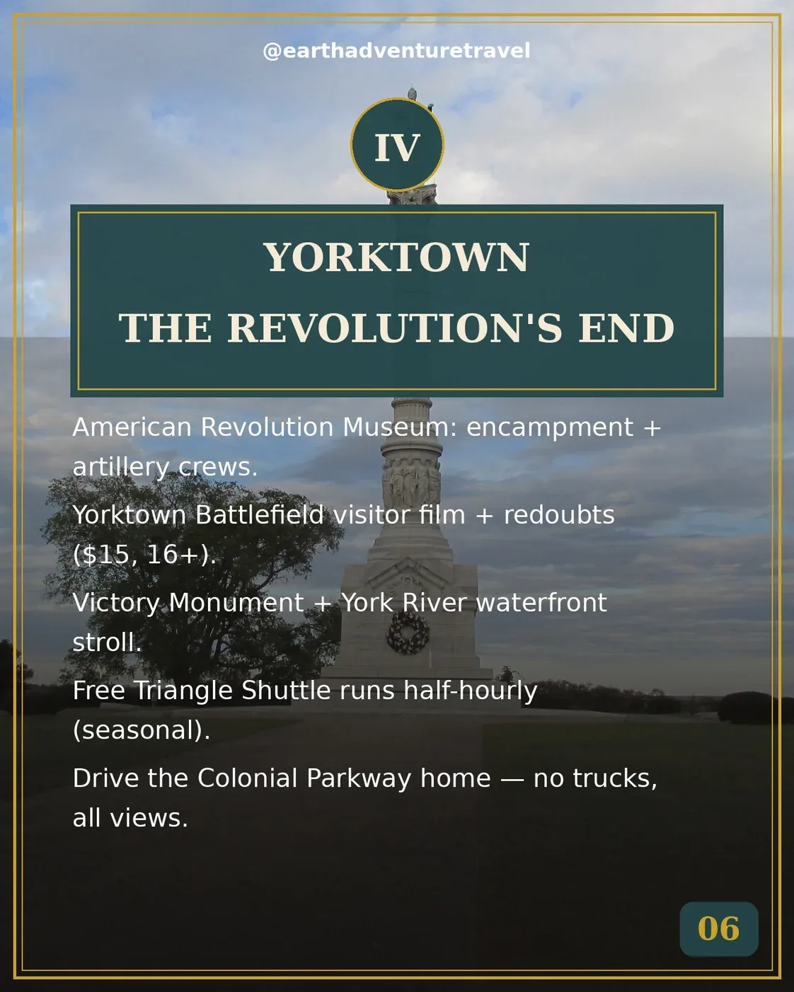 Day 4 itinerary card: Yorktown battlefield, Victory Monument, and the Colonial Parkway