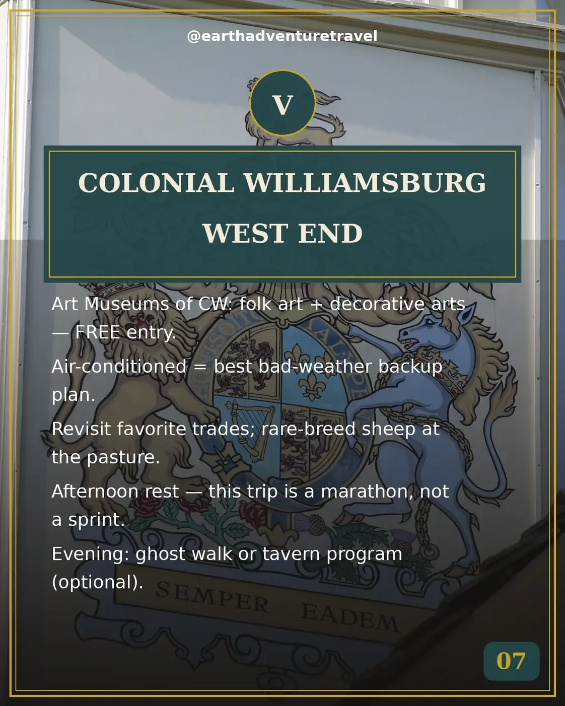 Day 5 itinerary card: the free Art Museums of Colonial Williamsburg and the west end
