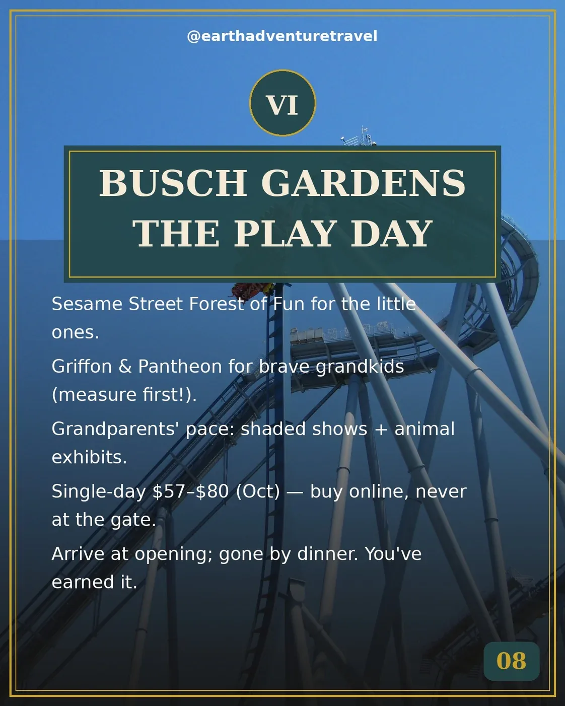 Day 6 itinerary card: Busch Gardens Williamsburg — coasters, shows, and the Forest of Fun