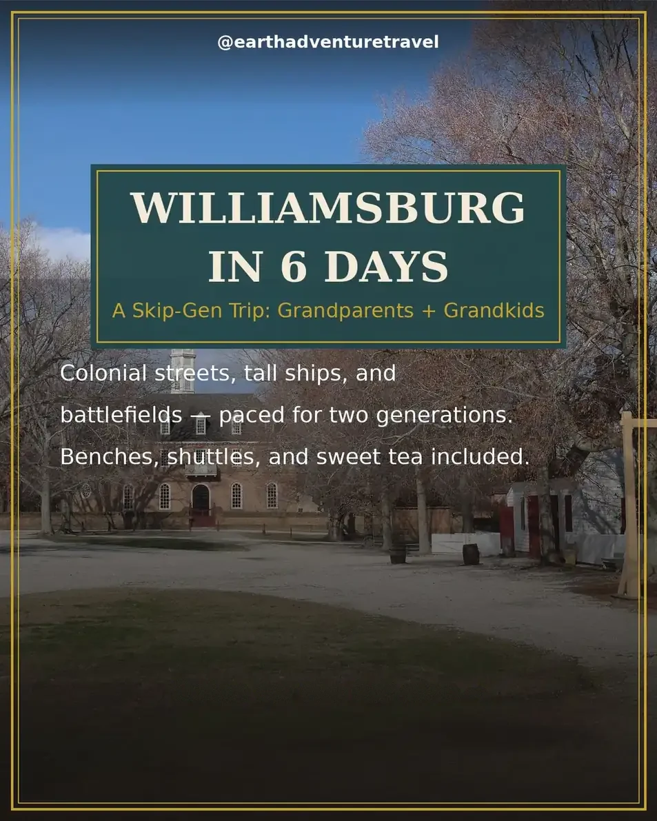 Illustrated Williamsburg guide cover: the Capitol at golden hour — a 6-day skip-gen itinerary for grandparents and grandkids