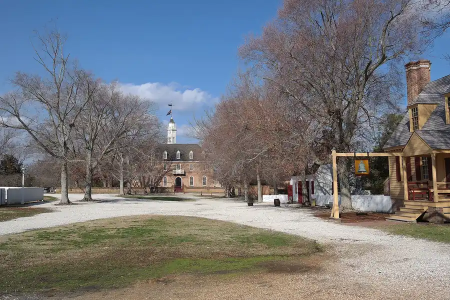 The Capitol at Colonial Williamsburg, framed by bare winter trees