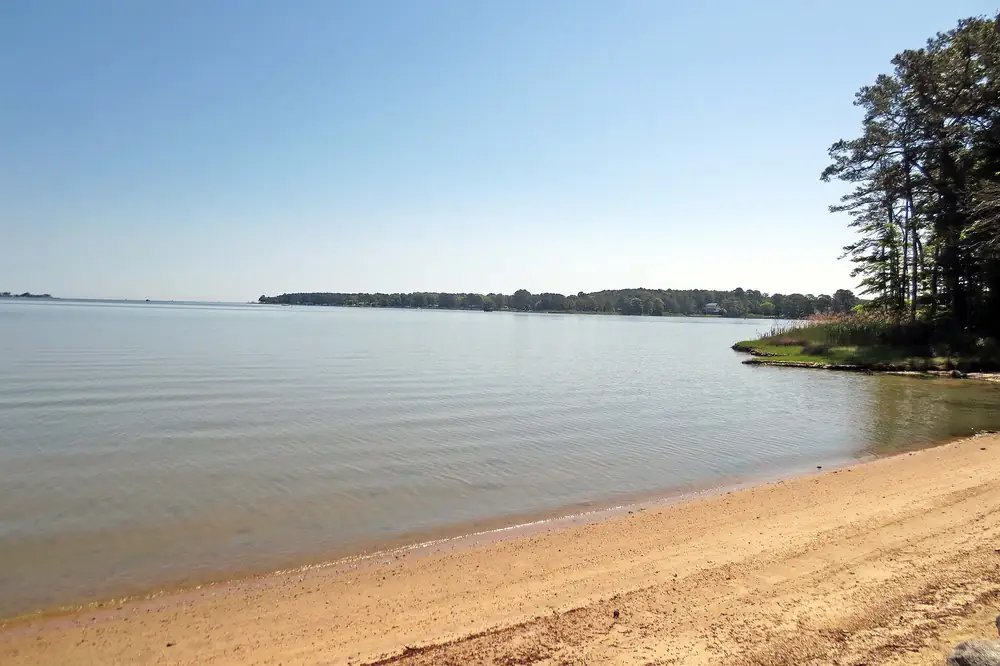 A wide tidal river beach under bright sun