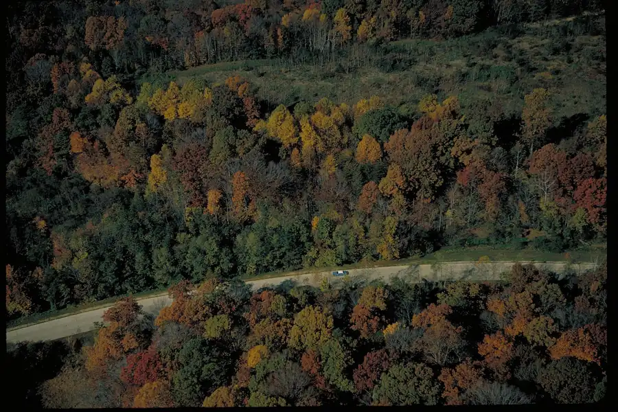 The Colonial Parkway in fall color, the scenic road linking Jamestown, Williamsburg, and Yorktown