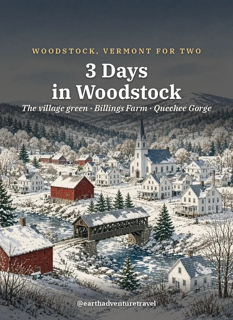 Original Illustration: a white Vermont village with a church steeple and a covered bridge over a river under snowy hills