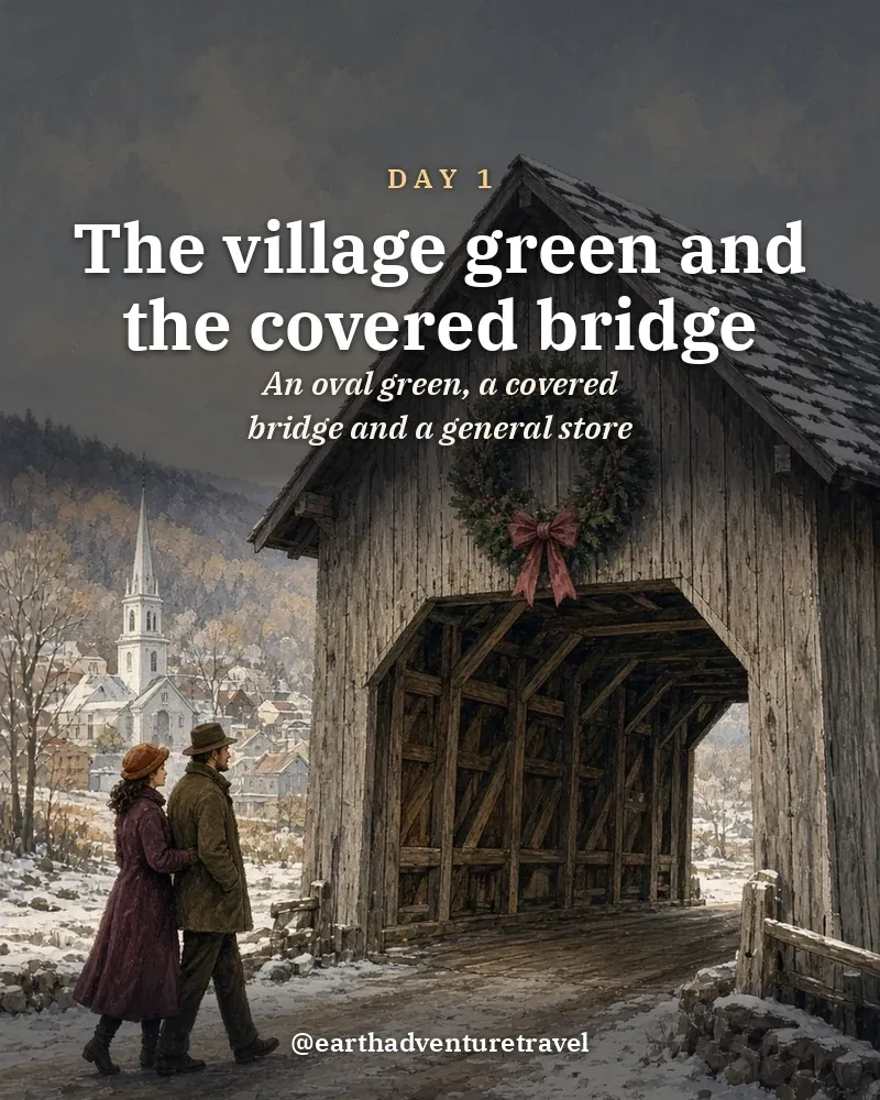 Illustrated day card: An oval green, a covered bridge and a general store