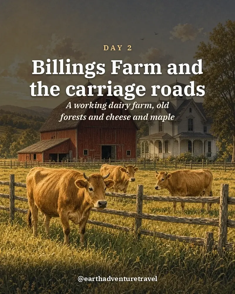 Illustrated day card: A working dairy farm, old forests and cheese and maple