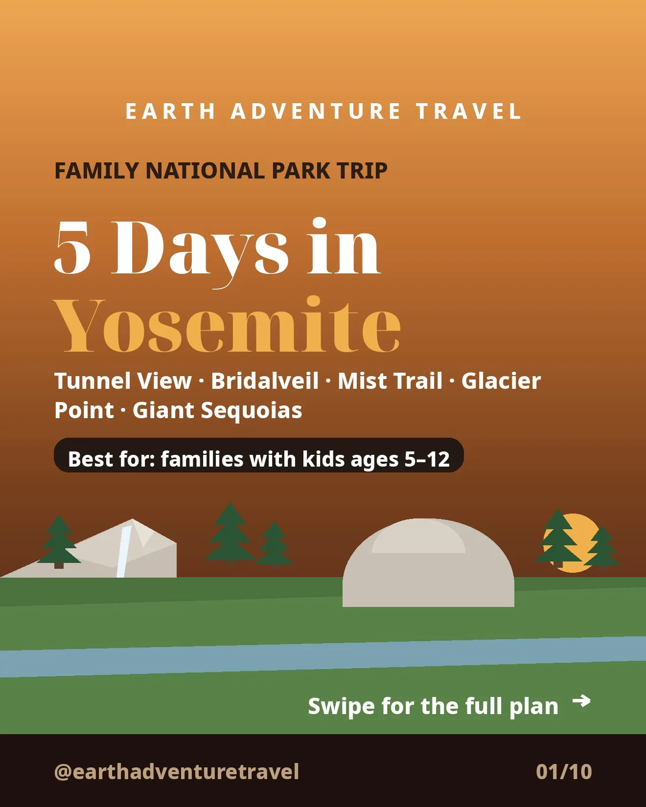 Illustrated cover for a five-day Yosemite family trip with kids