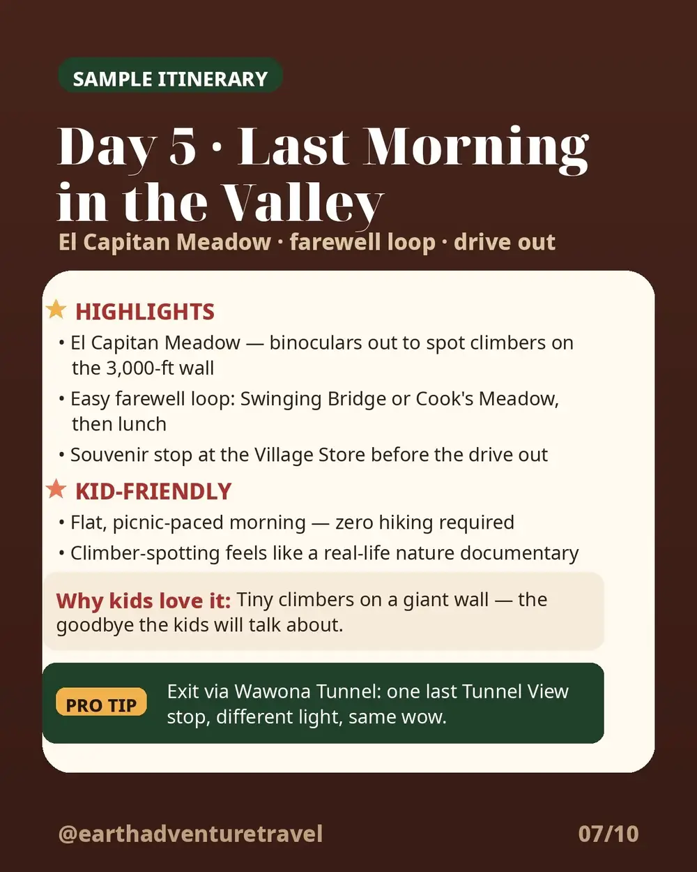 Day 5 itinerary graphic for the Valley farewell morning