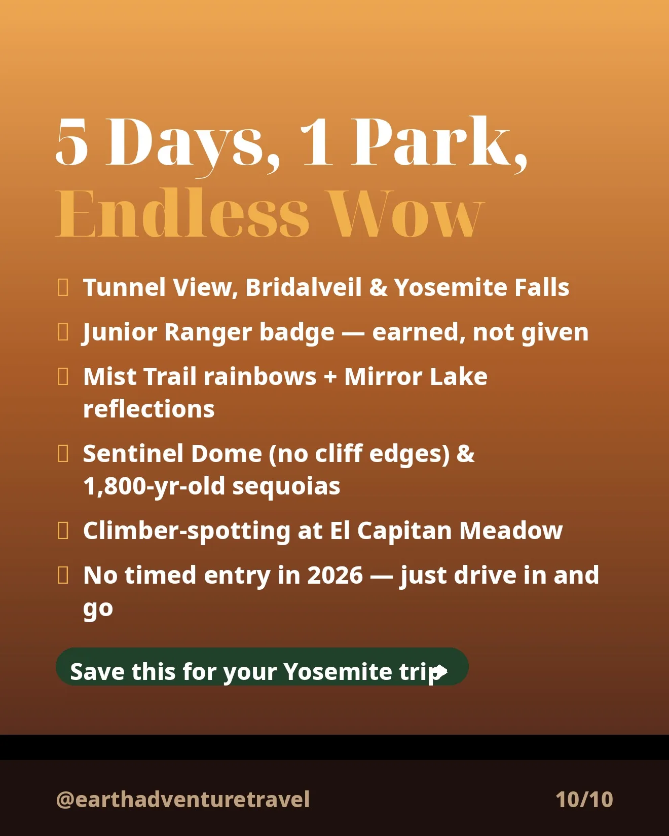 Five-day recap graphic for the Yosemite family route